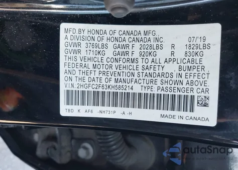 2019 Honda Civic Lx z USA, uszkodzony, nr VIN 2HGFC2F63KH585214